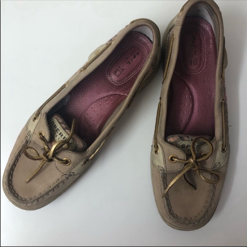 Sperry - Sz 7.5 Tan & Pink Plaid Topsiders